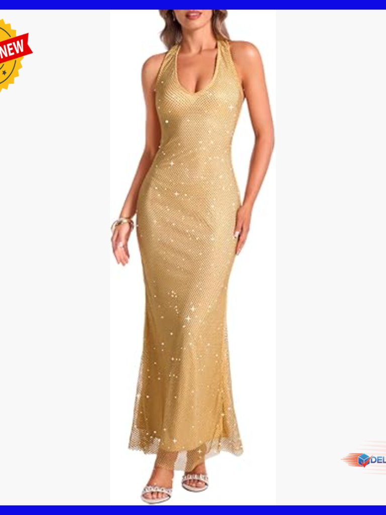 Rhinestone Halter Evening Gown Formal Dress Deep V Backless Bodycon